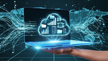 Hand holding a laptop with a glowing cloud computing icon representing global data network and digital transformation. - Powered by Adobe