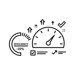 Outline icon depicting efficiency and performance measurement with a speedometer, arrows, and checkmarks