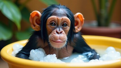 A curious baby chimpan perches in a cold bowl of ice, playing and exploring