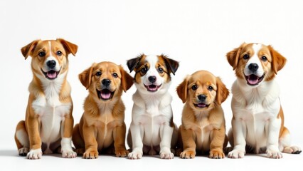 A group of dogs sitting next to each other, friendly and calm