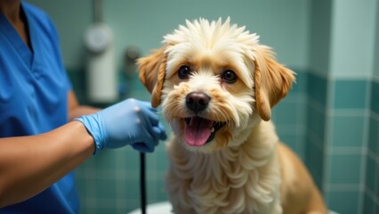 A veterinarian grooms a dog, focusing on its fur and coat