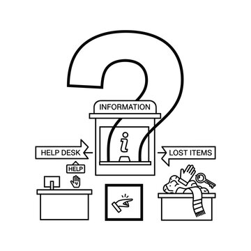 Black and white line art illustration of a large question mark framing an information desk for lost and found help