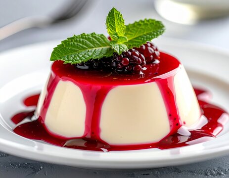 A smooth vanilla panna cotta topped with berry sauce, perfect for elegant dessert lovers.