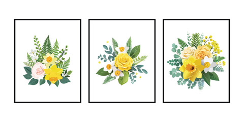 Yellow Rose and Daffodil Floral Bouquets Vector Set for Spring Design Flower Wall Decor Minimal botanical illustrations in warm tones. Great for wall art, greeting cards, or home decor.