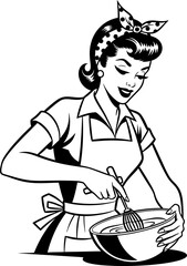 Retro Woman Cooking with Mixing Bowl,retro housewife mixing in bowl black and white illustration, Retro woman in an apron and headscarf whisks ingredients in a bowl, smiling with joy.
