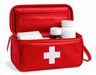 Red kit w/white cross, open showing medical supplies
