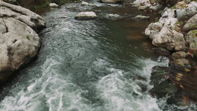 Crystal clear water of a mountain river flowing over rocks and boulders. Wild stream current in a peaceful and serene natural environment