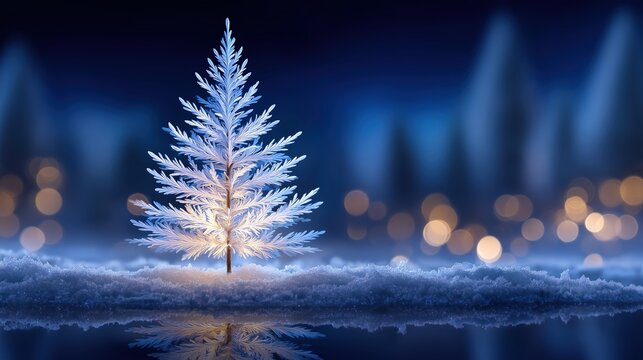 Luminous frosty winter tree with sparkling snow and warm bokeh lights