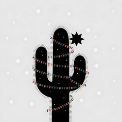 Cactus silhouette with Christmas lights on snowy background