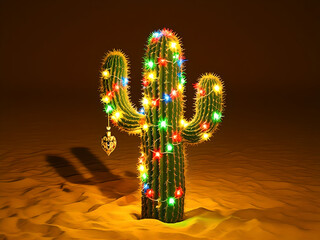 Decorated cactus with Christmas lights in desert at night