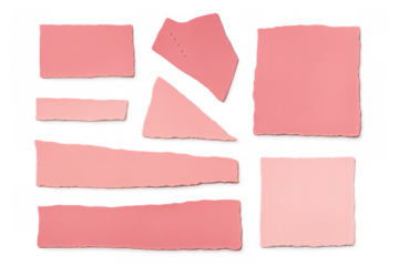 Torn pink paper scraps with rough edges, ripped note pieces, blank design elements, transparent background