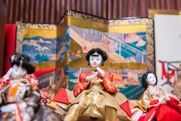 Naklejka premium Boy dolls in Tenryo Hina Goten museum, Mamedamachi street, Hita