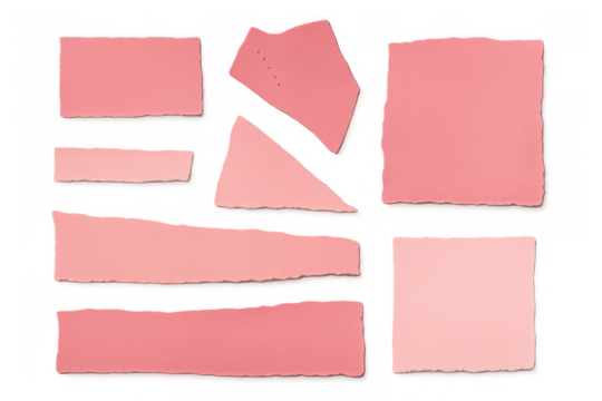Torn pink paper scraps with rough edges, ripped note pieces, blank design elements, transparent background