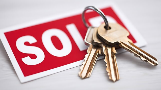 real estate house keys with sold banner isolated on white background