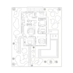 Architectural Floor Plan of a Modern House with Pool and Garden