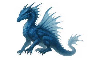 Blue ice dragon with scales and wings, mythical fantasy creature, legendary beast, strong magical animal on transparent background