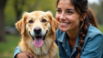 A woman sits with her dog in a park