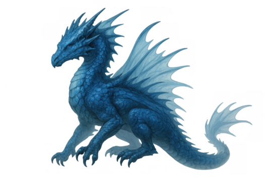 Blue ice dragon with scales and wings, mythical fantasy creature, legendary beast, strong magical animal on transparent background