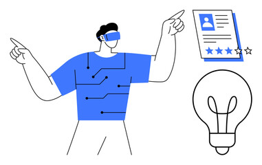 VR-equipped man gestures toward circuit-enhanced shirt, rating document, and glowing lightbulb. Ideal for technology, innovation, creativity, virtual reality, AI, talent assessment futuristic