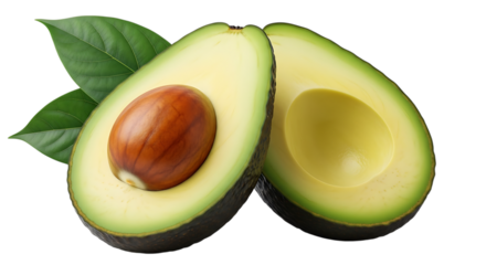 Fresh ripe avocado halved showing seed and creamy green flesh isolated on transparent background