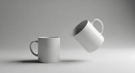 Two white mugs in a minimalist studio setting with soft lighting