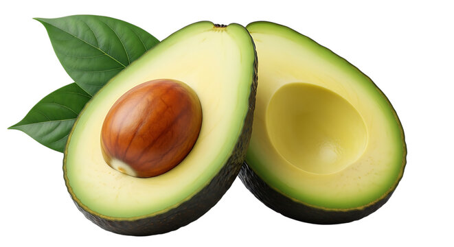 Fresh ripe avocado halved showing seed and creamy green flesh isolated on transparent background