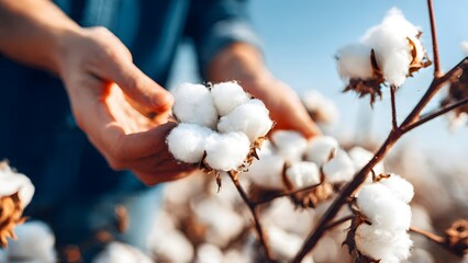 Naklejka premium Close-up of farmer's hands gently holding fluffy white cotton bolls, symbolizing raw fiber harvest, natural organic farming, and sustainable textile production.