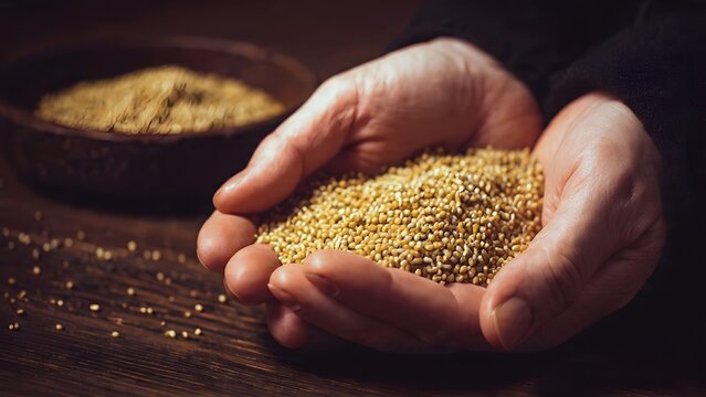 Close-up of a hand holding dried millet grain, symbolizing healthy ancient grain harvest, organic cultivation, and raw ingredients for diverse food products.
- Powered by Adobe