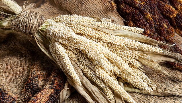 A large bundle of dried, light-colored millet seed heads tied with string, resting on rough burlap fabric, alongside dark brown seeds, emphasizing crop variety and harvest.