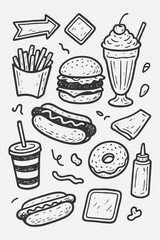 American Diner Hand-Drawn Food Sketch Set | Burger, Fries & Retro Snack Doodles