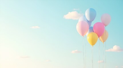 Pastel and bright 3D helium balloons floating upward against a calm pale blue sky, airy minimalist Children’s Day scene, crisp rendering, celebratory and lighthearted style