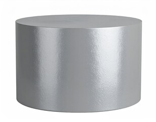 Metallic silver cylinder; simple geometric shape, flat top