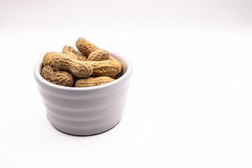 Monkey nuts in white dish on plain background