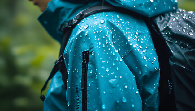 Closeup view of waterproof blue jacket covered in rain drops. Person wears jacket in rainy weather. Water resistant garment protects from wet conditions