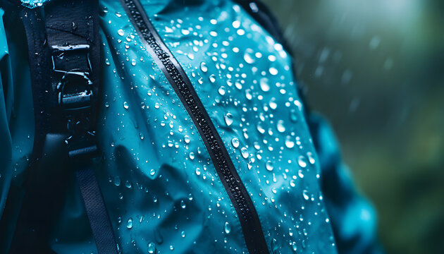 Closeup view of waterproof blue jacket covered in rain drops. Person wears jacket in rainy weather. Water resistant garment protects from wet conditions