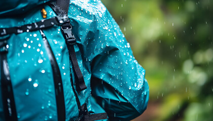 Closeup view of waterproof blue jacket covered in rain drops. Person wears jacket in rainy weather. Water resistant garment protects from wet conditions