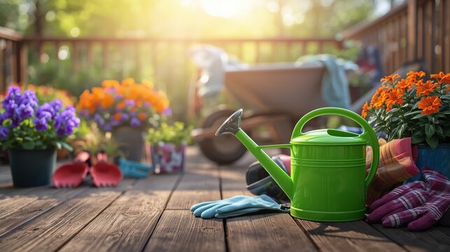 Deck Gardening Scene with Flowers, Watering Can, and Gardening Tools.
