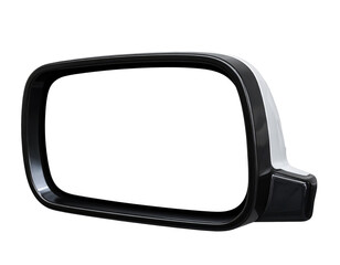 A car side mirror with a black frame and a white body, angled to the right, casting a slight shadow below, isolated on a neutral background