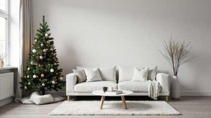 Cozy living room with a white couch and a Christmas tree, perfect for holiday decoration or party ambiance