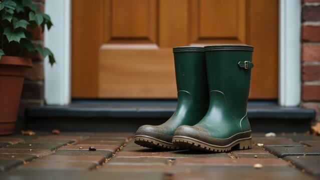A pair of green rain boots sitting on a brick walkway, ideal for use in outdoor scenes or as a prop