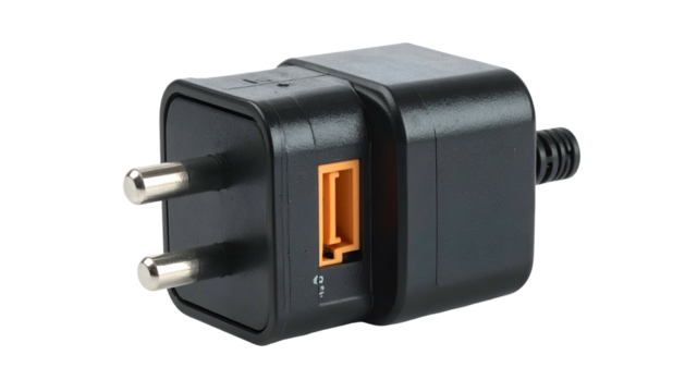 Black wall charger with USB port and prongs, horizontal view