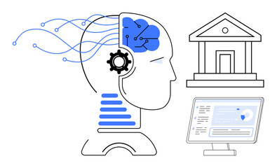 Human profile with AI brain and gears, data flow, bank building, and computer software. Ideal for finance, AI, technology, innovation, research decision-making and digital transformation concepts