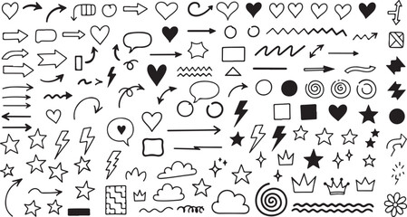 Obraz premium Hand drawn doodle elements set with arrows, hearts, stars, and speech bubbles.