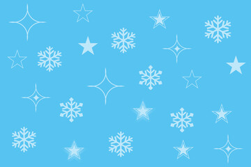 Winter Christmas Background with White Snowflakes and Stars on Light Blue