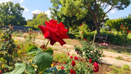 Close-up of a vibrant red flower in full bloom, surrounded by a lush garden on a sunny day