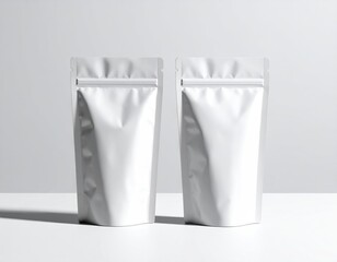 Two blank white pouches on a light surface