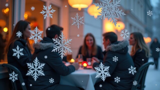 Group of people gathered around a table covered in snowflakes, perfect for winter scenes or cold climate events