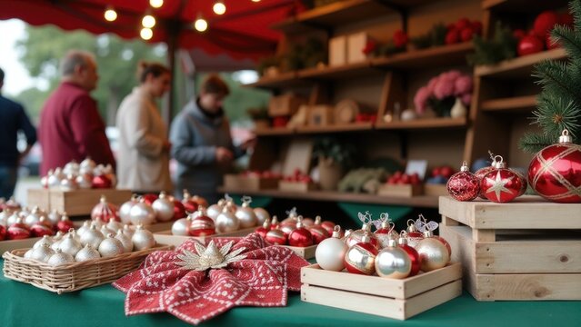 A festive table setting decorated with red and white ornaments - Powered by Adobe