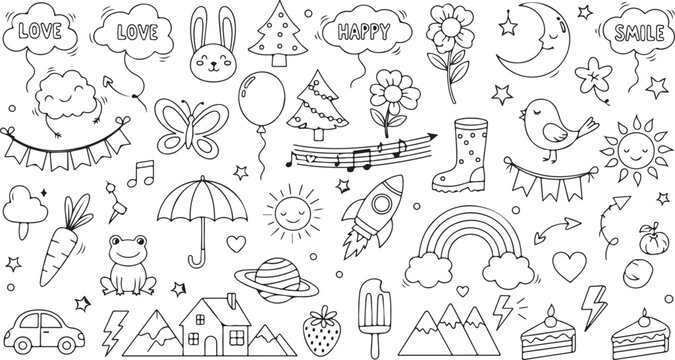 Delightful hand-drawn line art doodle collection for various design use