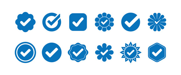 Collection of blue verified check mark icons in various decorative shapes and styles